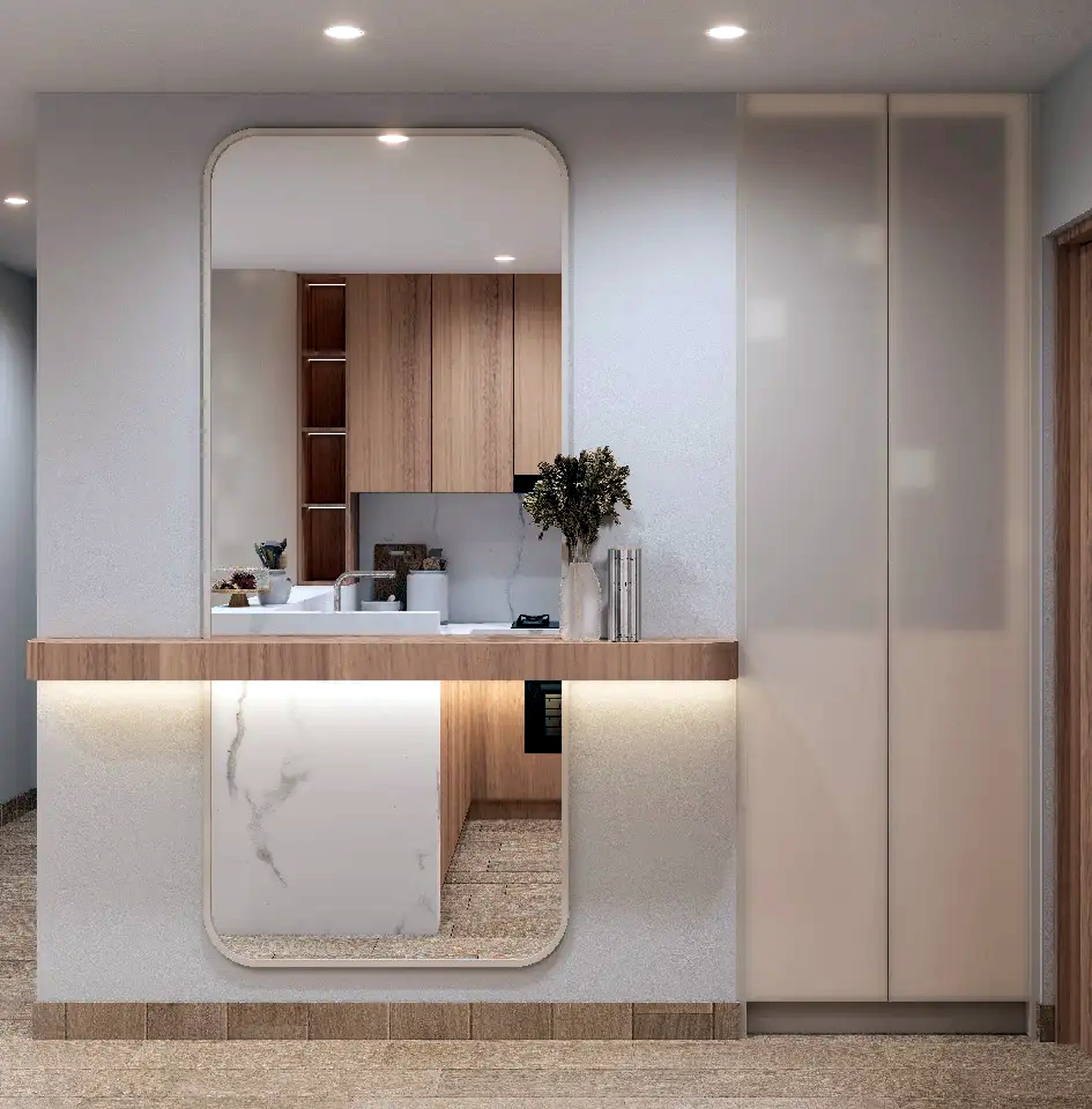 Elegant residential bar counter with warm joinery