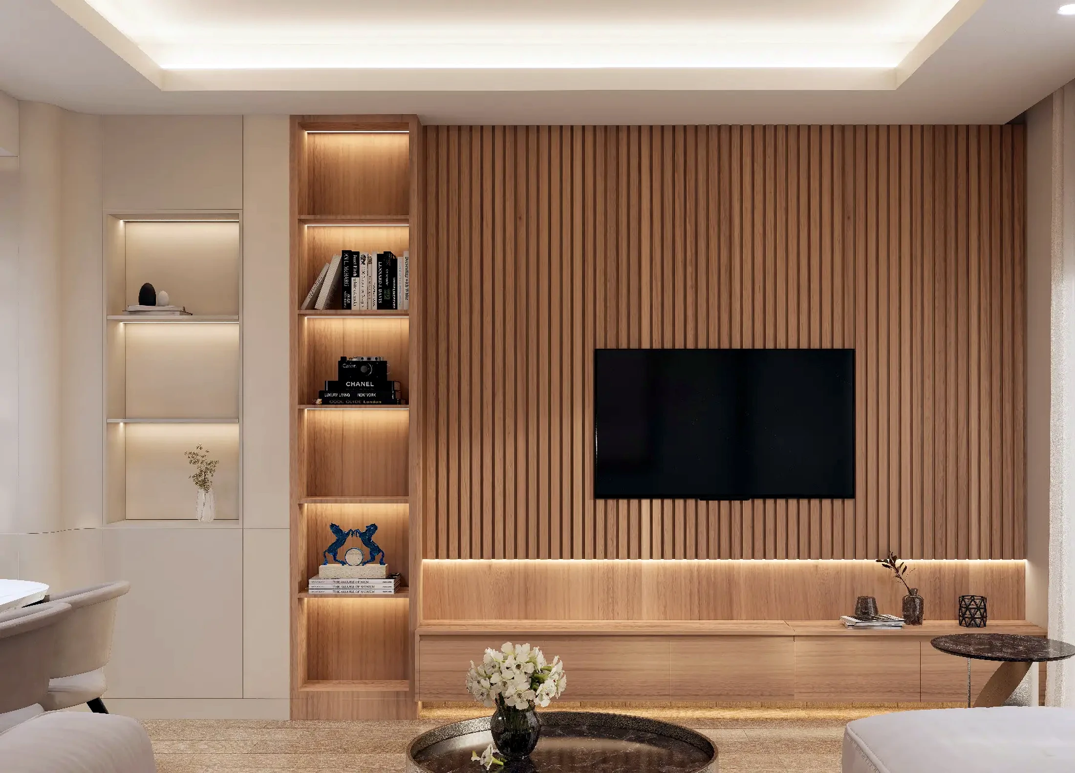 Warm timber living room TV feature wall
